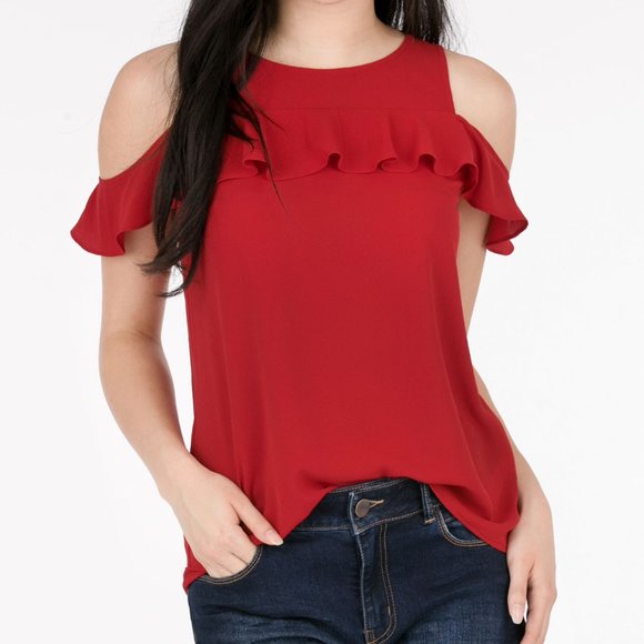 Ricki's Red Ruffled Cold Shoulder Blouse - Picture 1 of 3